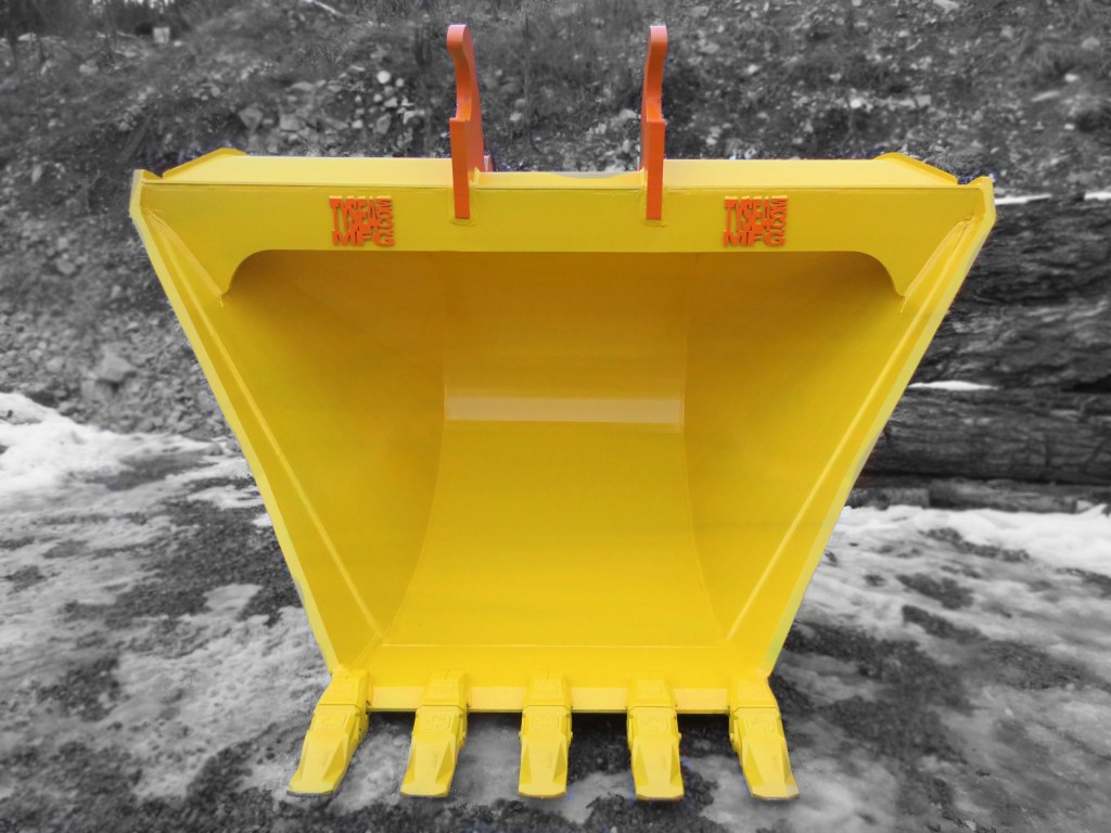 Front side of yellow excavator ditching bucket with pin on teeth and orange lugging