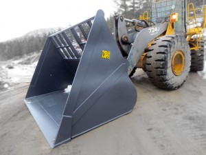 Wheel loader high capacity chip or snow bucket manufactured by Tysea Mfg and installed on customers wheel loader
