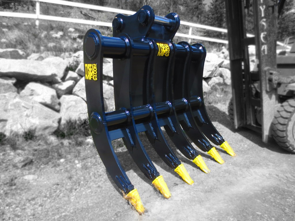 Heavy duty 6 tine excavator brush root rake. Used for removing roots and debris.