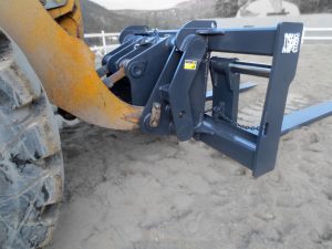 Rear view of wheel loader pallet forks that have been manufactured to customer specs by Tysea Mfg