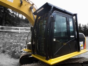 Heavy duty excavator FOPS manufactured by Tysea Mfg. Complete with front window guard, LED light guard and custom catwalks installed.