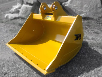 Heavy duty excavator clean up bucket painted yellow, manufactured by Tysea Mfg.  Pre drilled for optional smooth or serrated bolt on cutting edge.