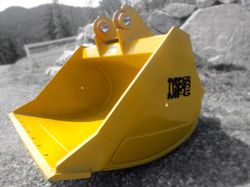 Heavy duty excavator clean up bucket painted yellow, manufactured by Tysea Mfg.  Pre drilled for optional smooth or serrated bolt on cutting edge.