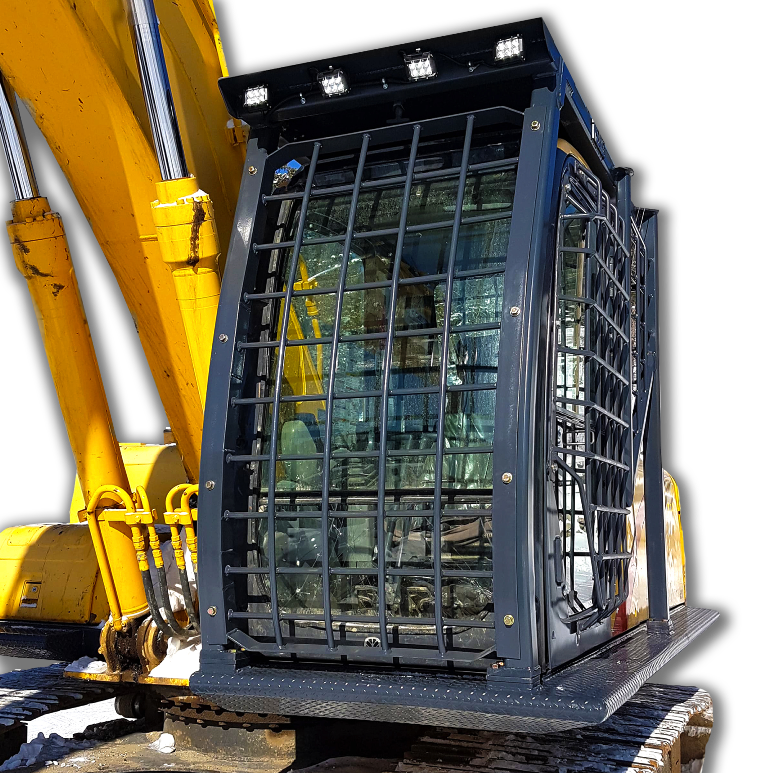 Excavator FOPS and guarding installed onto Cat excavator