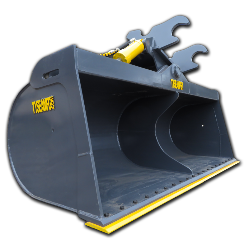 Excavator wrist buckets tilt from side to side with hydraulic cylinders