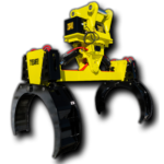 Excavator Pipe handler. Rotating pipe grabber, with yellow grabber arms for simple maneuvering and placement of pipes and poles.  Manufactured by Tysea Mfg.