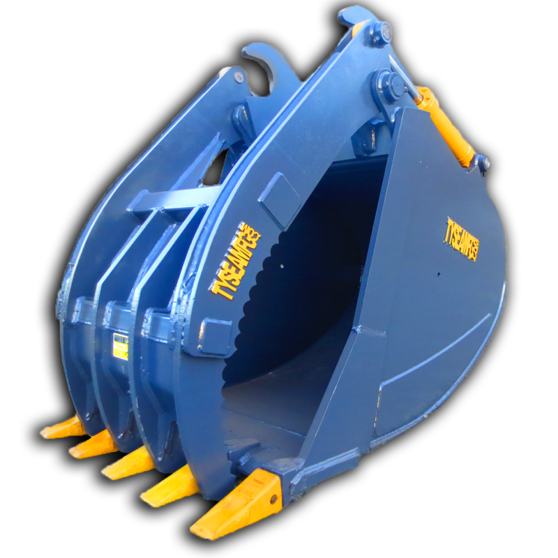 Excavator grapple buckets are fitted with an overarm grapple for increased security of loads
