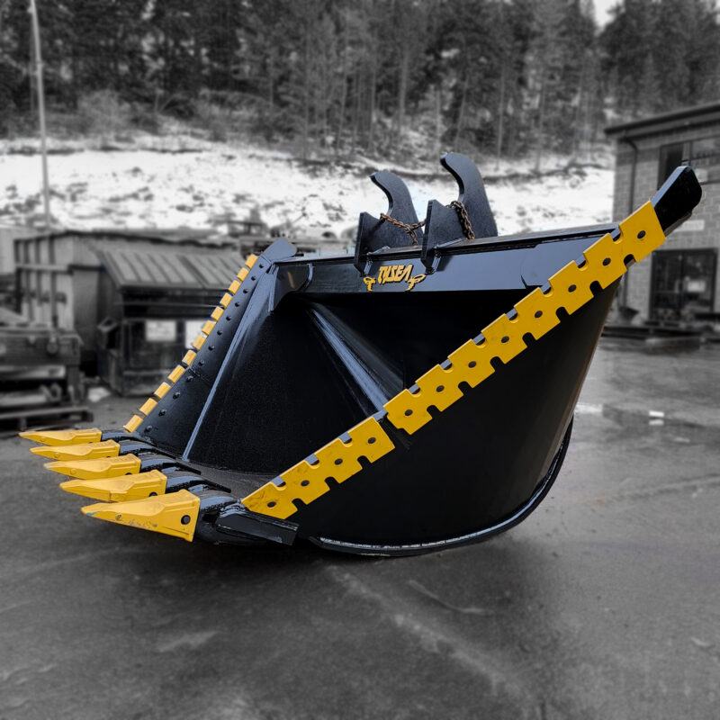 Black excavator v-bucket for ditching.  Yellow side cutting edges and yellow teeth