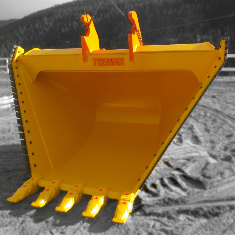Yellow excavator ditching bucket with black serrated side edges and pin on teeth
