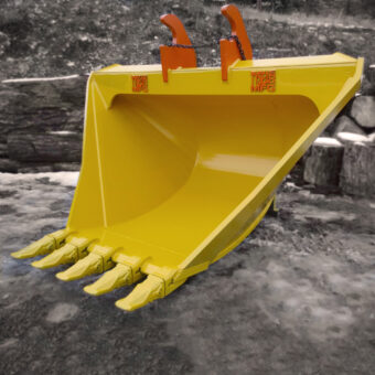 Yellow excavator v-bucket for ditching