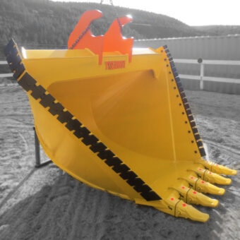 Yellow excavator v bucket with black side serrated edges and pin on teeth