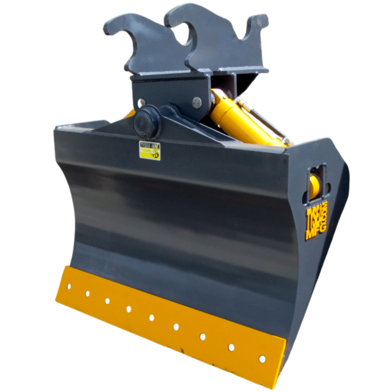 Grey excavator chuck blade with yellow edges and yellow hydraulic cylinders