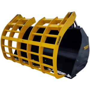 Wheel loader corral bucket with heavy duty yellow overarm grapple