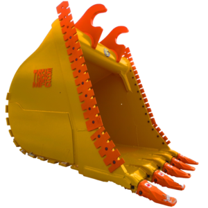 Heavy duty excavator dig bucket with serrated cutting edges and teeth