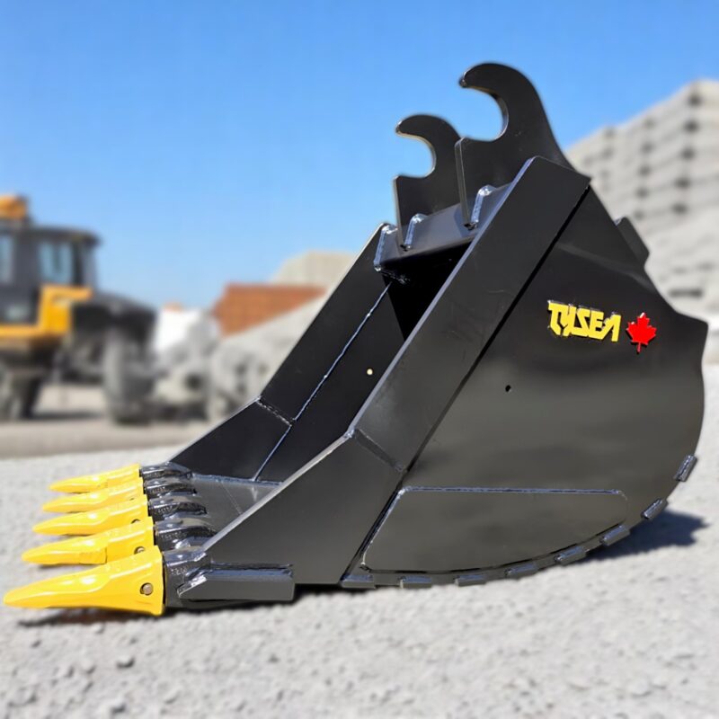 Excavator dig bucket with Tysea logo and Canadian Maple leaf on it