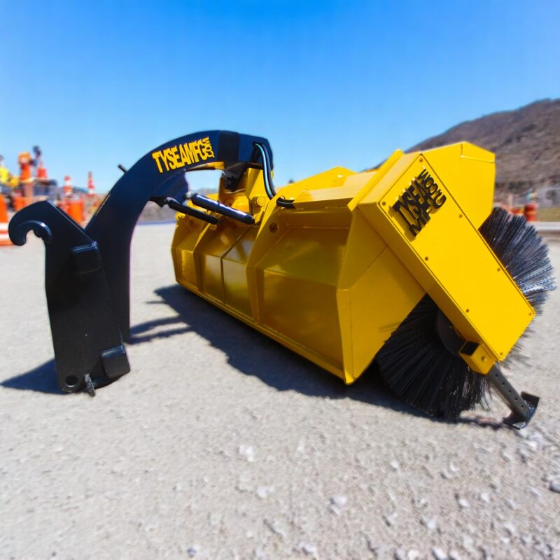 Wheel loader sweeper with hydraulic angle cylinders on road