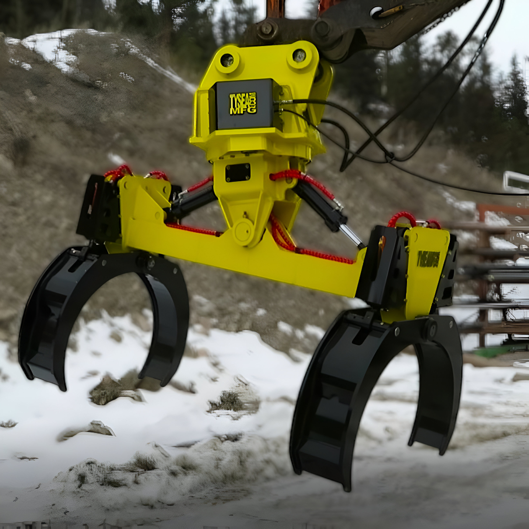 EXCAVATOR-PIPE-HANDLING-ATTACHMENT-02 Pipe handler attachment operating on rugged construction site
