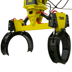 Hydraulic pipe grapple showing asymmetric arm movement for controlled pipe handling