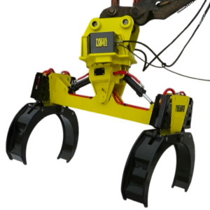 Excavator pipe laying attachment displaying left and right tilting capabilities for handling pipe