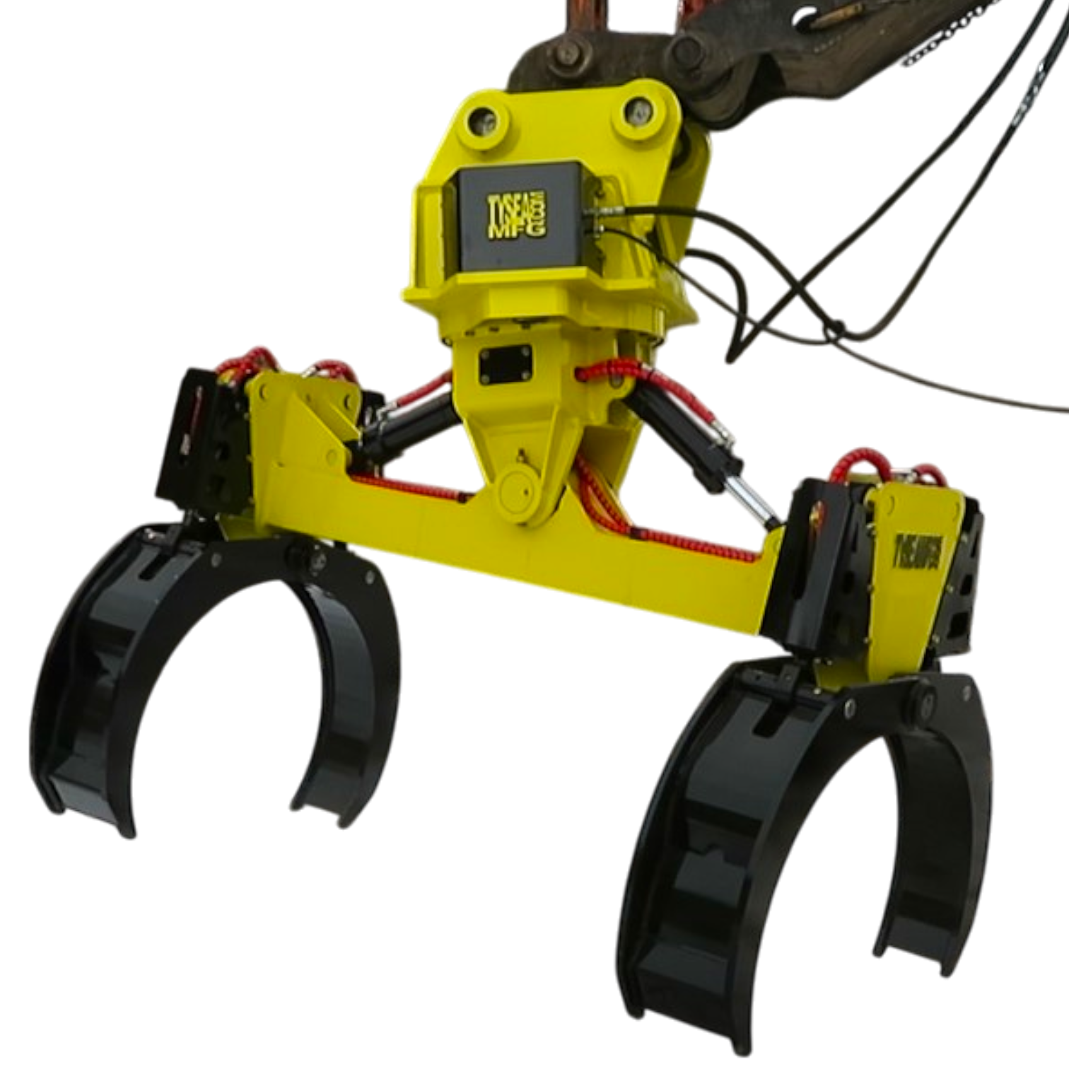 Excavator pipe laying attachment displaying left and right tilting capabilities for handling pipe