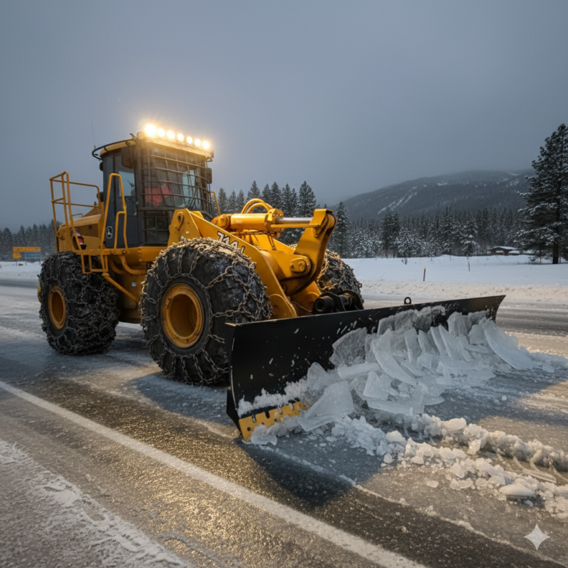 John Deere wheel loader with a snowblade containing a serrated edge, pushing through solid ice and hard ground 