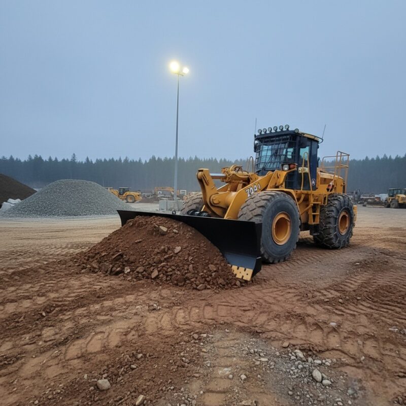 John deere wheel loader with a hydraulic angle blade pushing dirt on a construction sit to level uneven ground 