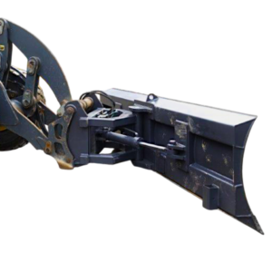 John Deere wheel loader with heavy duty hydraulic angle snow blade installed clearing snow