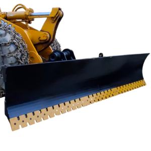 John Deere wheel loader with heavy duty hydraulic angle snow blade installed