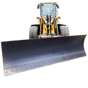 John Deere wheel loader with a Tysea snow blade installed, ready to level out hard ground