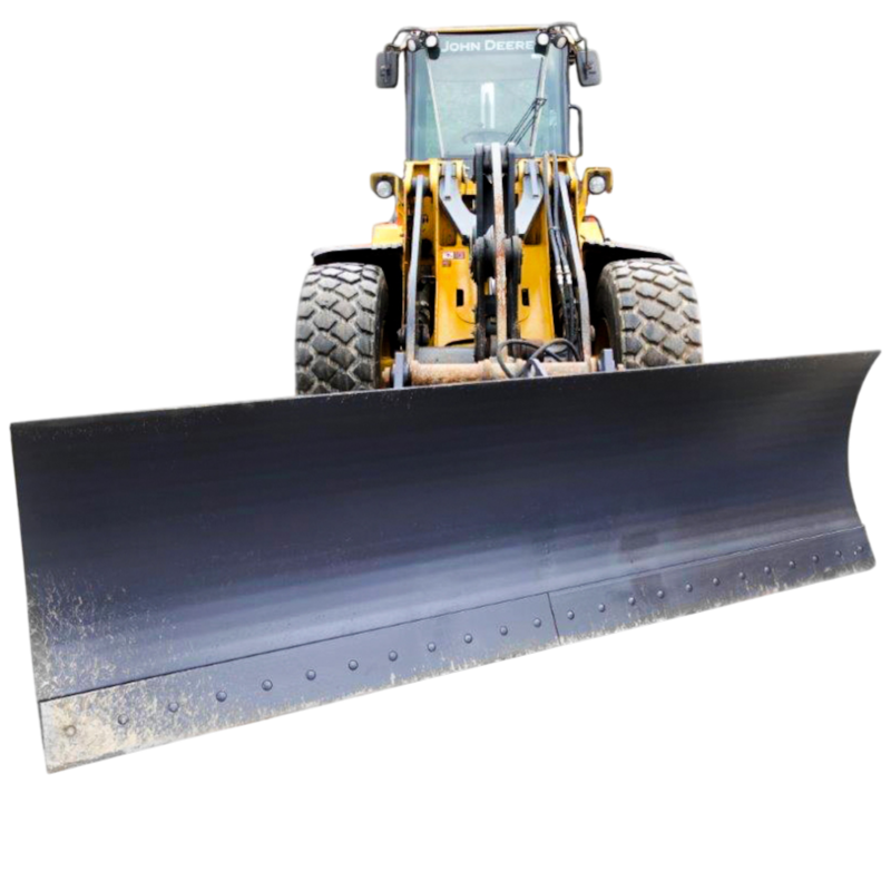 John Deere wheel loader with a Tysea snow blade installed, ready to level out hard ground