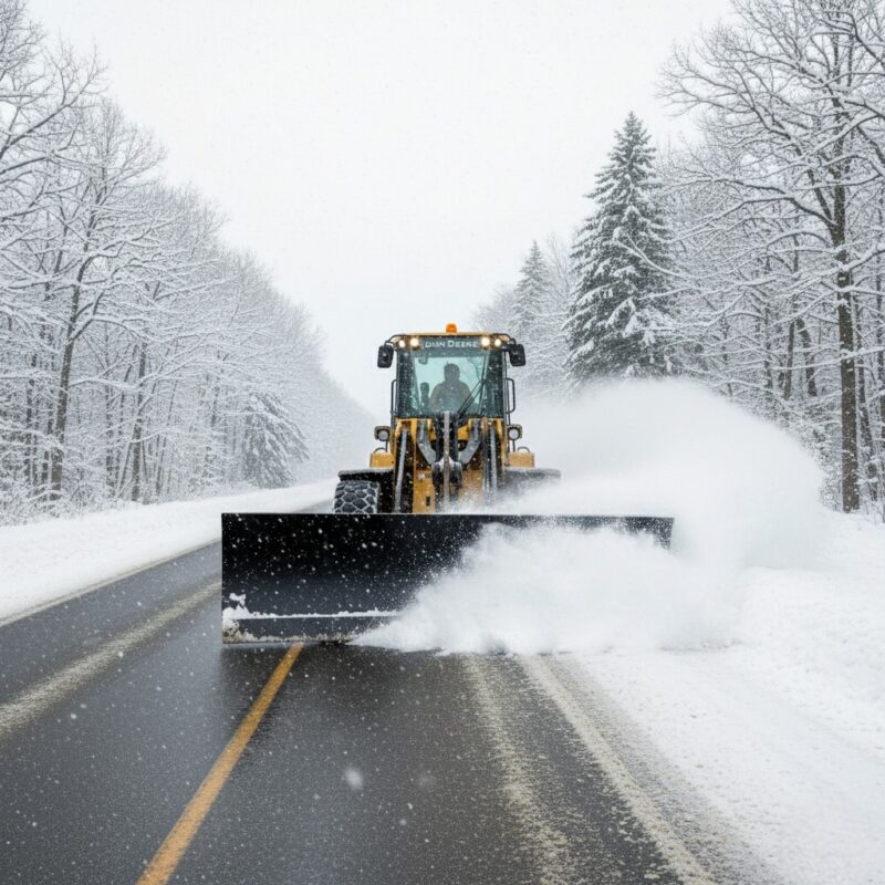 John Deere loader with a smooth edge hydraulic blade clearing snow off a snowy highway
