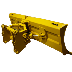 Yellow heavy duty wheel loader snow blade, ready to move snow and level ground