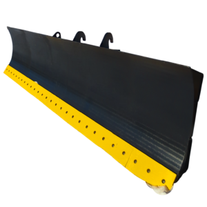 Industrial wheel loader snow blade attachment with reinforced moldboard and hydraulic angle system, built for Canadian winter conditions