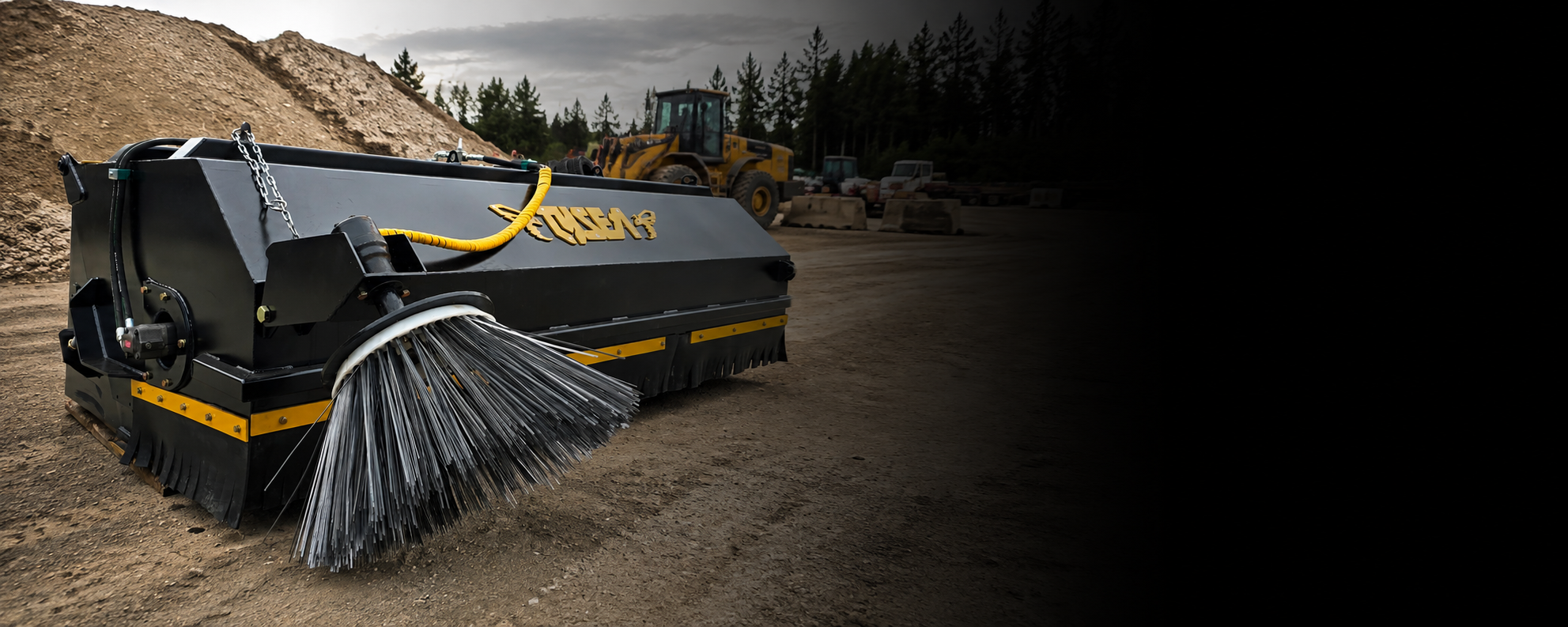 Wheel loader pickup broom on a construction site