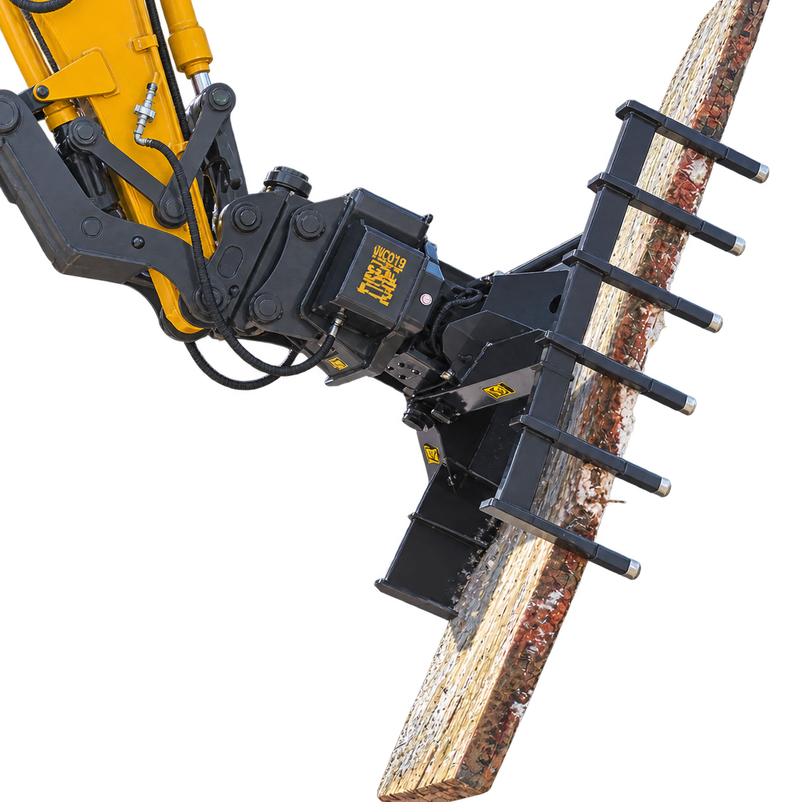 excavator-mat-grapple-timber-mat Excavator mat grapple tilted handling timber access mat