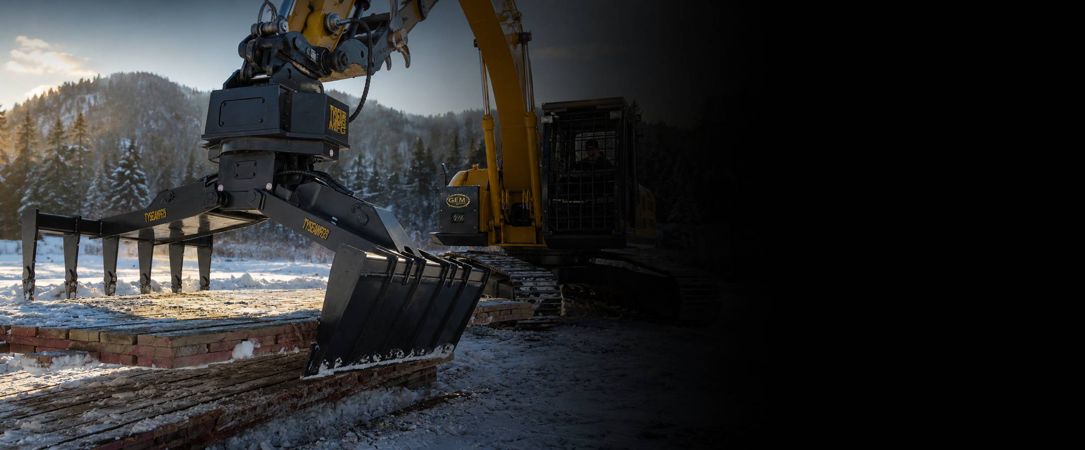 Excavator with mat grapple attachment moving wood rig mats
