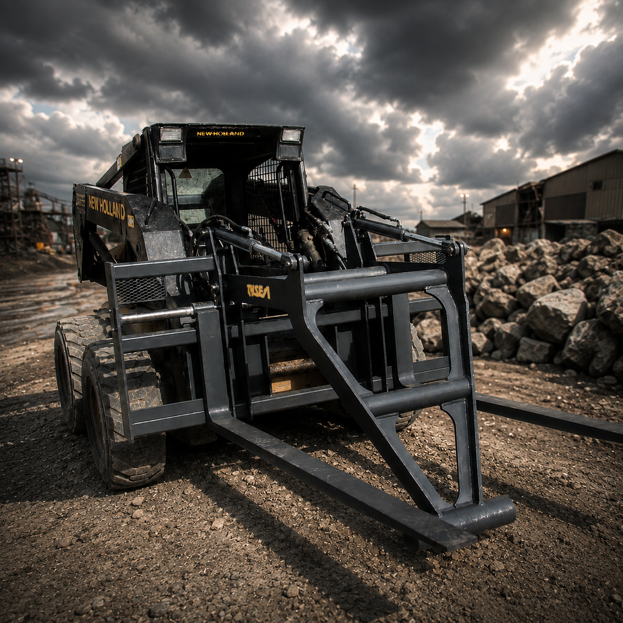 Skid steer with mat grapple attachment installed