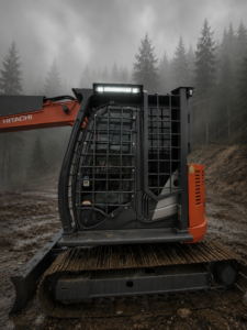 Excavator in foggy forest setting with full cab guarding and door guards