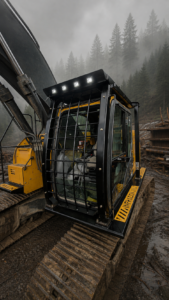 Excavator with full catwalks and cab guarding installed