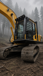 Excavator in foggy forestry setting with FOPS and door guard