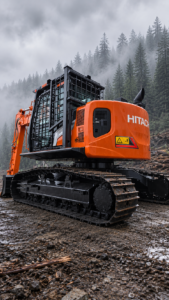 Hitachi excavator in foggy forest setting with full window guarding and cab guards