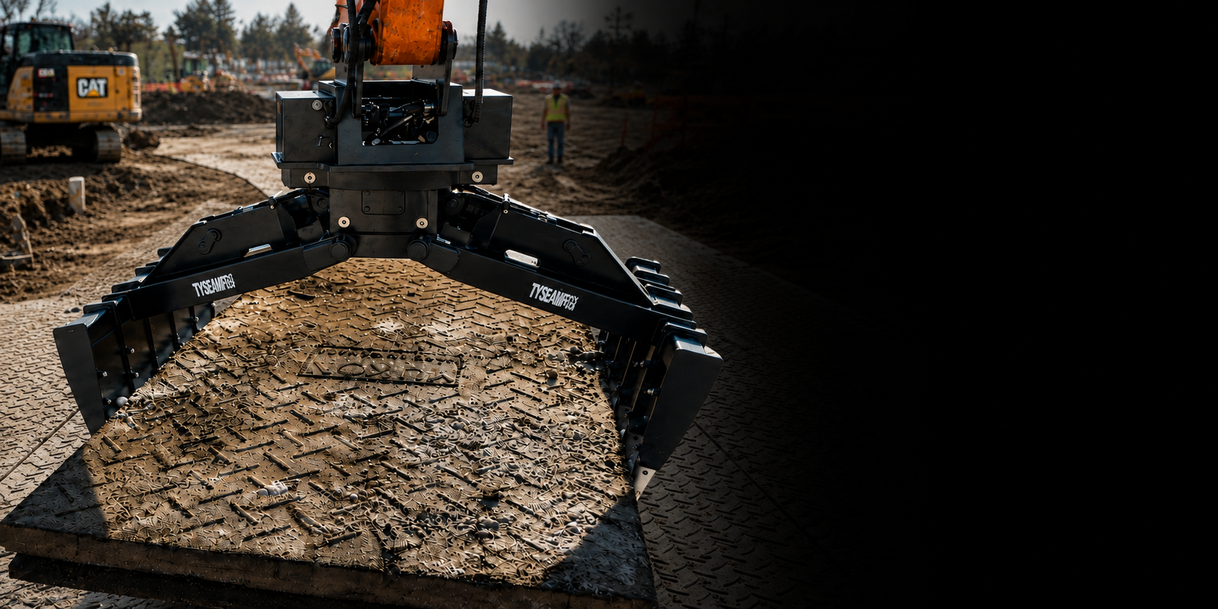 Excavator mat grapple attachment moving a wood rig mat