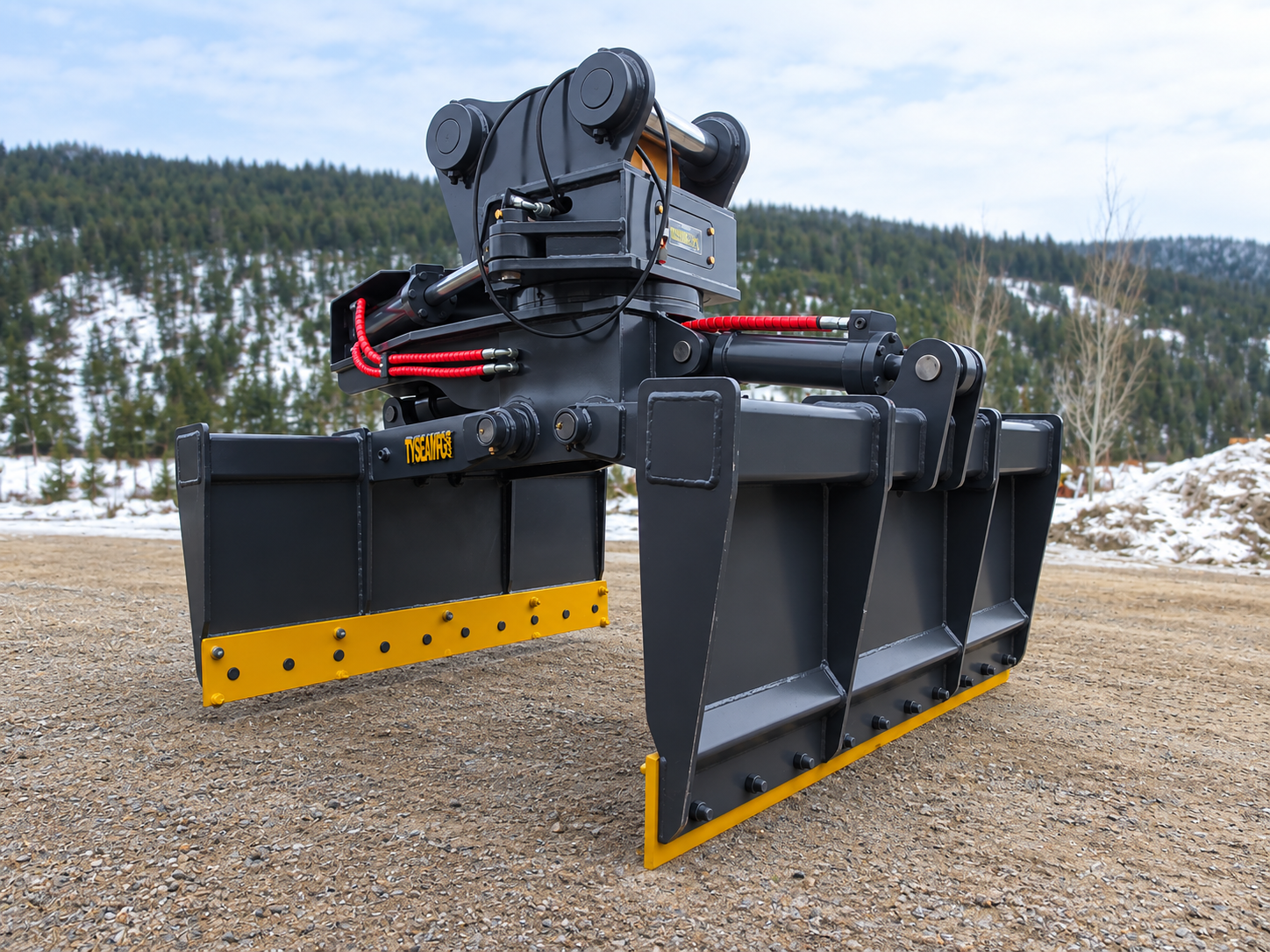 Custom excavator mat grapple with forest background