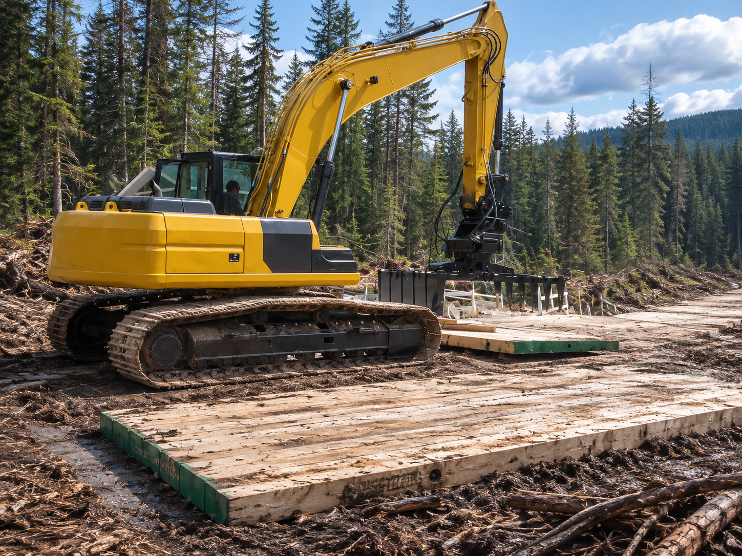 Excavator with mat grapple attachment in forestry setting
