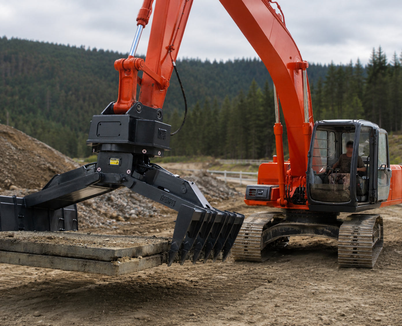 Hitachi excavator with mat handling attachment moving poly rubber matting
