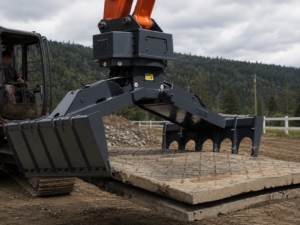 Hitachi Excavator with mat grapple attachment handling wood rig mats