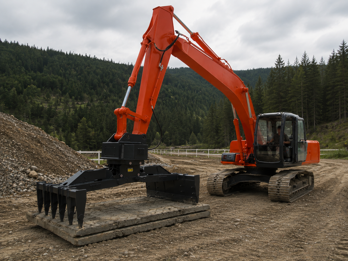 Excavator mat handling attachment installed on Hitachi excavator