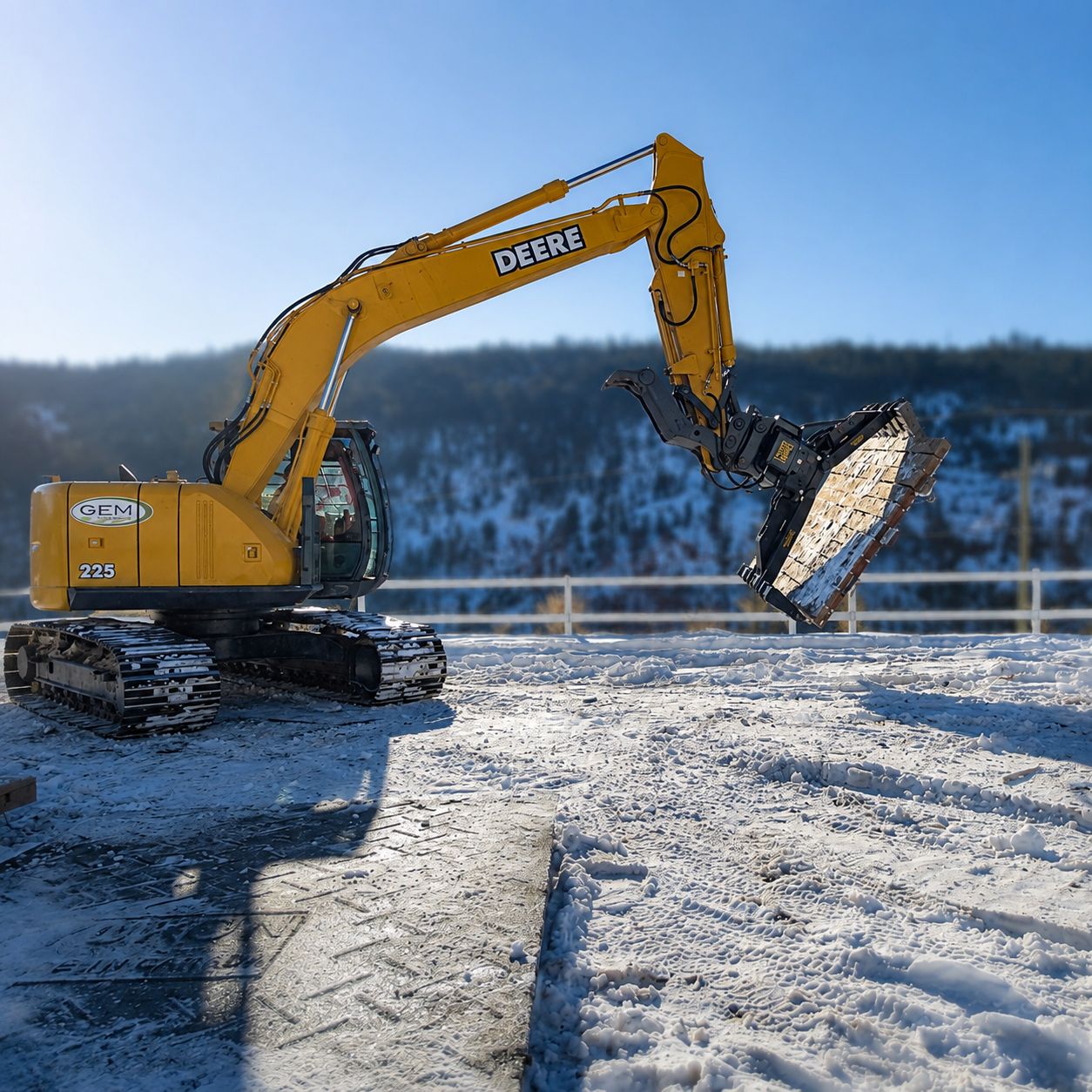 John Deere excavator with mat grapple attachment