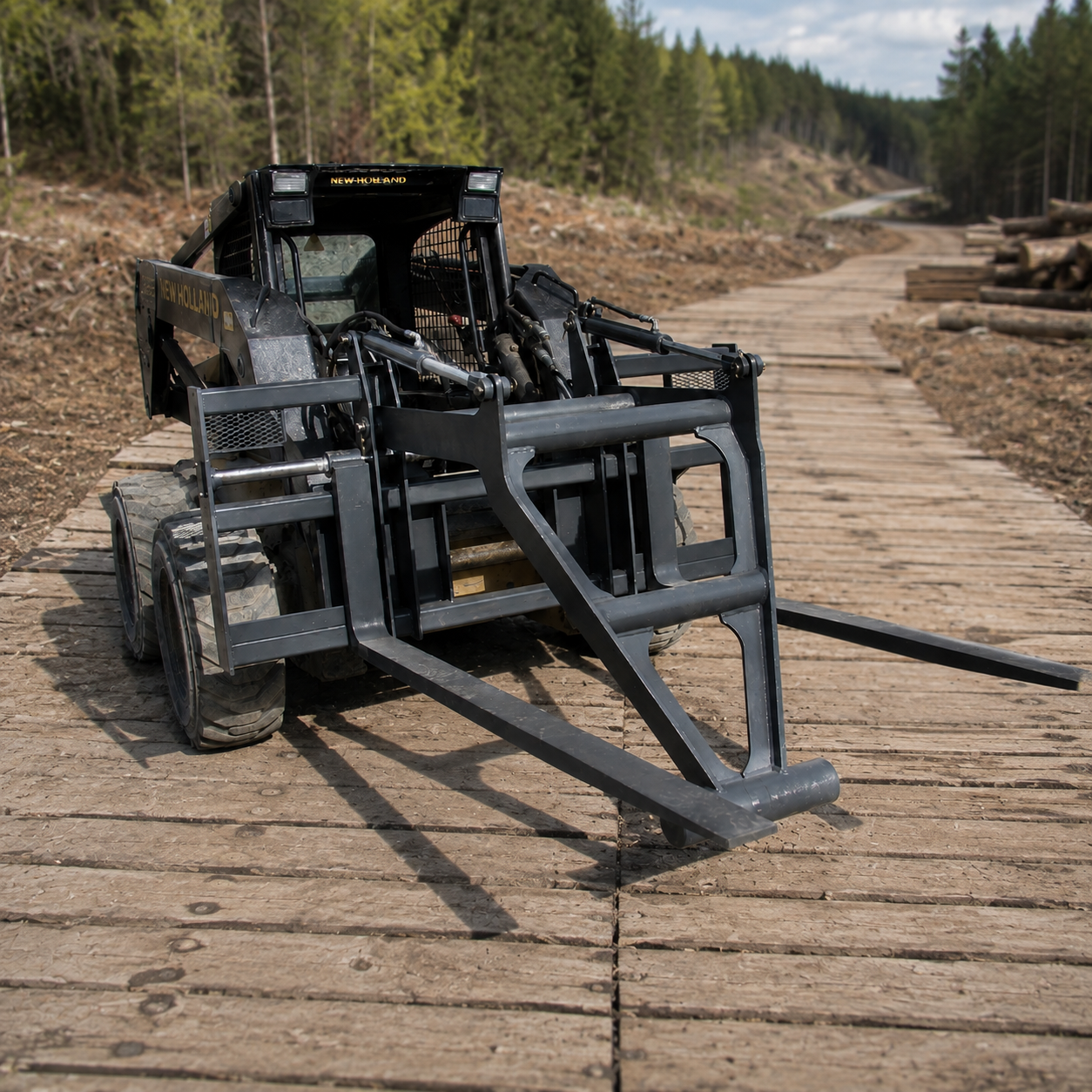 New Holland skid steer on access road worksite with mat grapple attachment