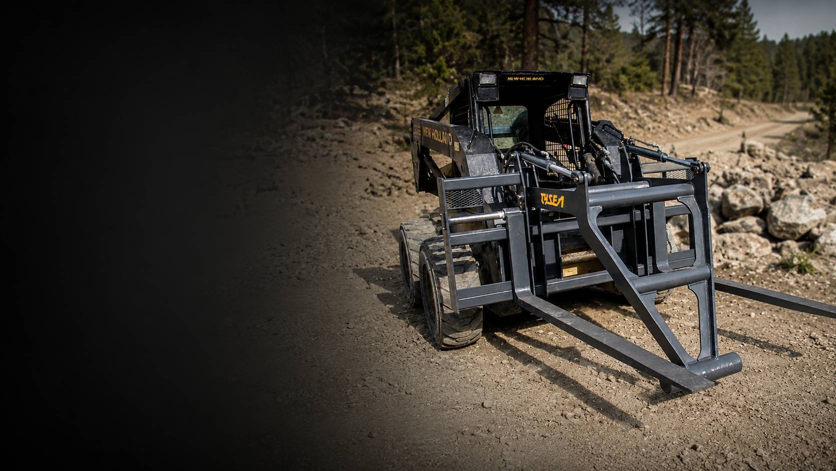 New Holland skid steer with mat grapple attachment in pipeline setting